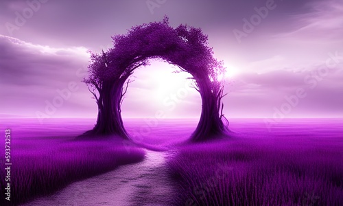 A mystical purple portal opens up in a desolate wasteland, beckoning travelers to embark on a journey to a faraway land filled with wonder..