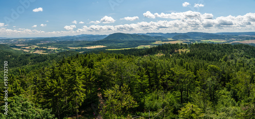 Fototapeta Naklejka Na Ścianę i Meble -  Panoramic view  of mountains seen from top of observation tower on Trojgarb mountain in Walbrzych