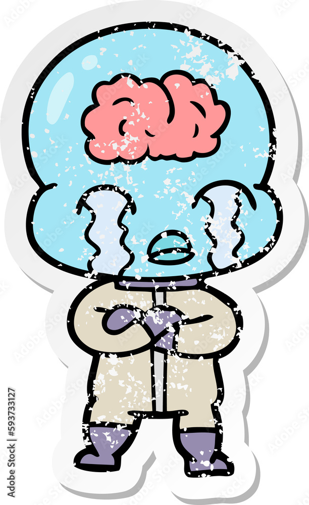 distressed sticker of a cartoon big brain alien crying distressed sticker of a cartoon big brain alien crying