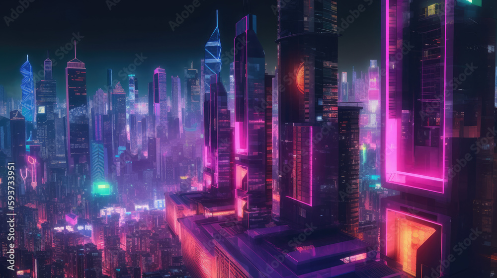 Cityscape of asian cyberpunk city at night, bright neon lighting, skyscrapers, futuristic illustration by Generative AI