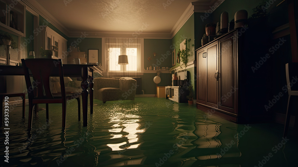 Illustration of flooded retro flat interior, Generative AI