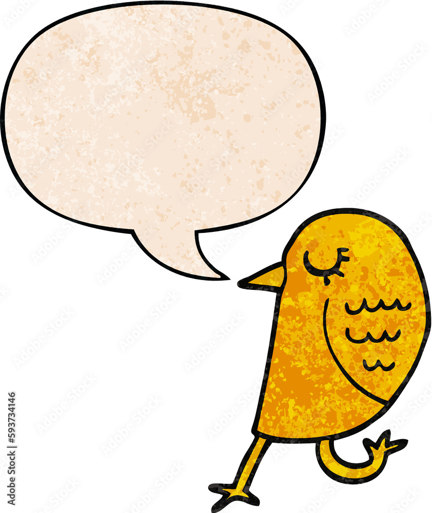 cartoon bird and speech bubble in retro texture style