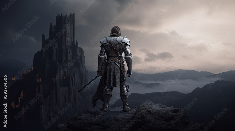 Illustration of Warrior standing on mountain, looking at castle, Generative AI Illustration of Warrior standing on mountain, looking at castle, Generative AI