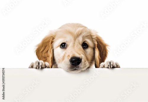 Adorable Golden Retriever Puppy Peeking Out from Behind White Table with Copy Space, Isolated on White Background. Generative AI.