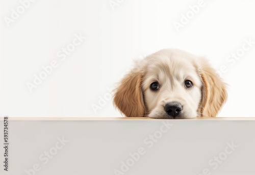 Adorable Golden Retriever Puppy Peeking Out from Behind White Table with Copy Space, Isolated on White Background. Generative AI.