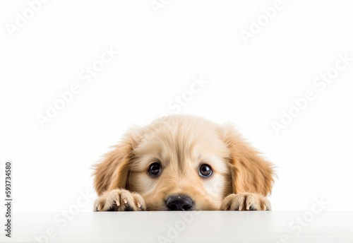Adorable Golden Retriever Puppy Peeking Out from Behind White Table with Copy Space, Isolated on White Background. Generative AI.