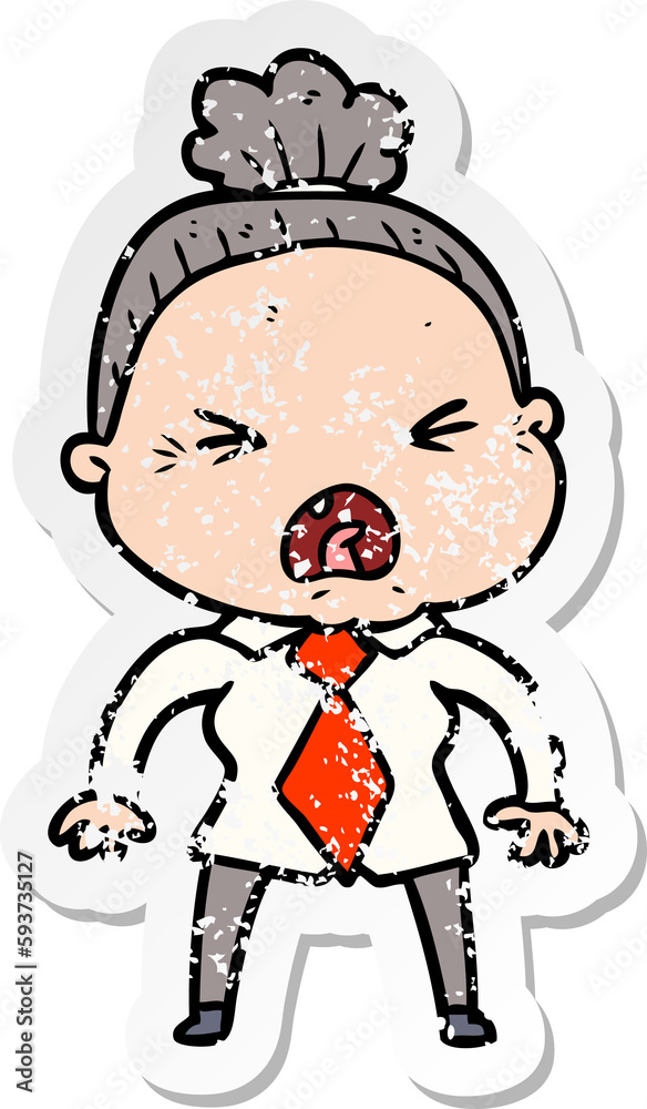 distressed sticker of a cartoon angry old woman distressed sticker of a cartoon angry old woman