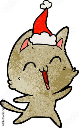 happy textured cartoon of a cat wearing santa hat