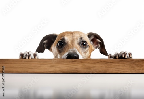 Adorable Greyhound Puppy Peeking Out from Behind White Table with Copy Space, Isolated on White Background. Generative AI. © bomoge.pl