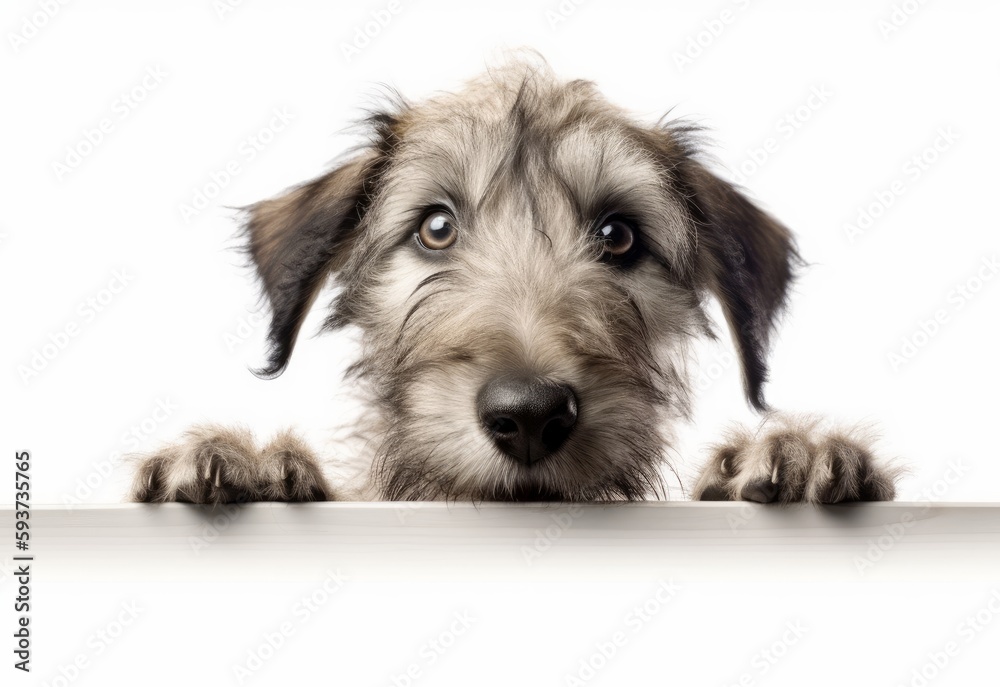 Adorable Irish Wolfhound Puppy Peeking Out from Behind White Table with Copy Space, Isolated on White Background. Generative AI.