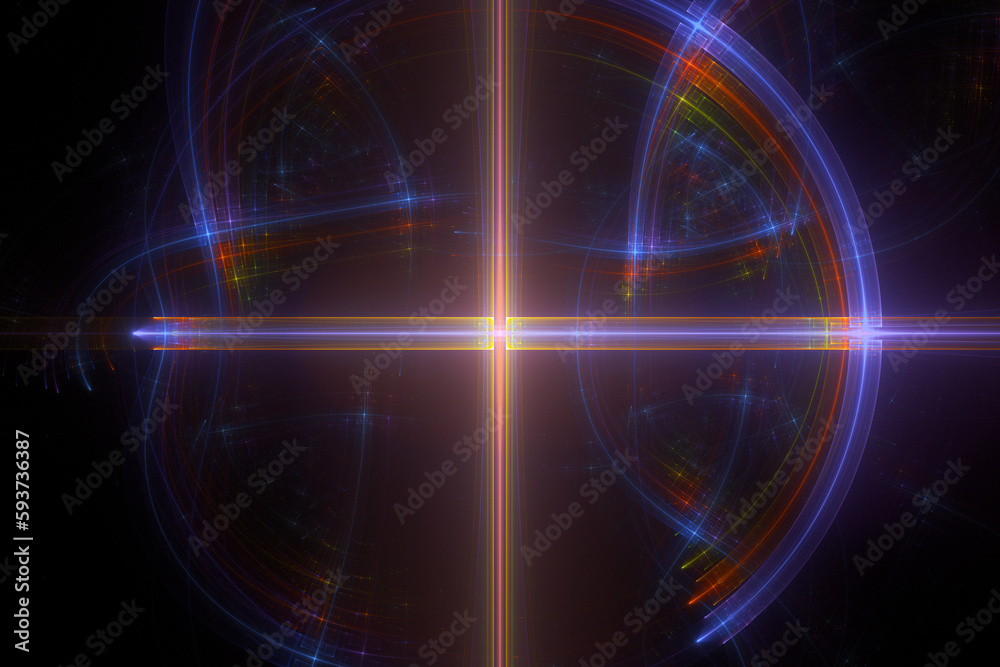 Obraz premium Orange purple pattern of curved shapes and rays on a black background. Abstract fractal 3D rendering