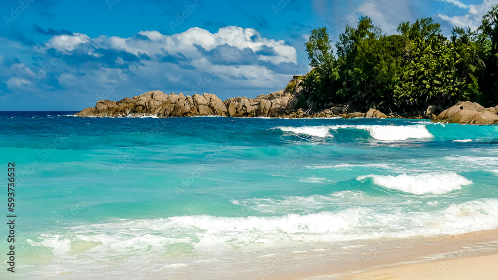 Tropical wallpaper: azure blue ocean with rocks and palms on a background, seascape of Seychelles