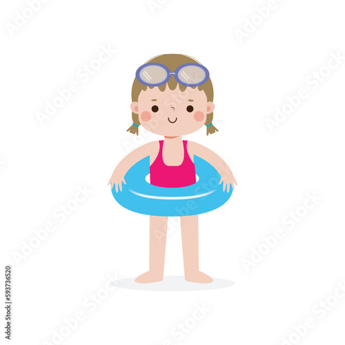 Kid wearing swimming suits and rings, Cute Kids cartoon Pool party characters, child spending holidays in seaside or swimming pool on white background Vector illustration