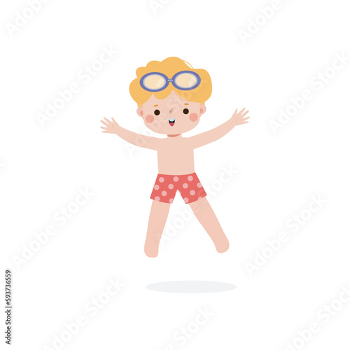 kid wearing swimming suits jumping into water on summer vacations, Cute child cartoon Pool party characters, Kids spending holidays in seaside isolated white background Vector illustration