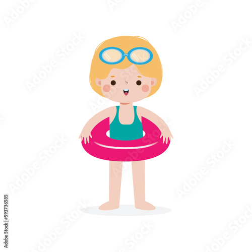 Kid wearing swimming suits and rings, Cute Kids cartoon Pool party characters, child spending holidays in seaside or swimming pool on white background Vector illustration