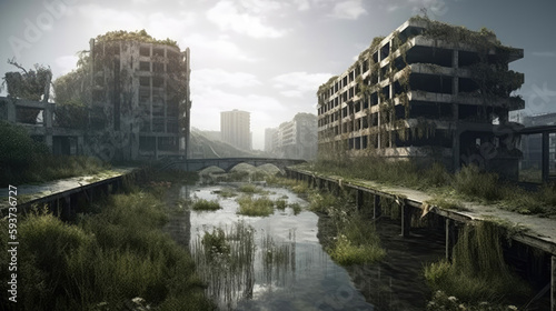 Abandoned city. Aftermath of an ecological catastrophe  with nature struggling to reclaim a polluted wasteland. Include the remains of human infrastructure. Generative AI