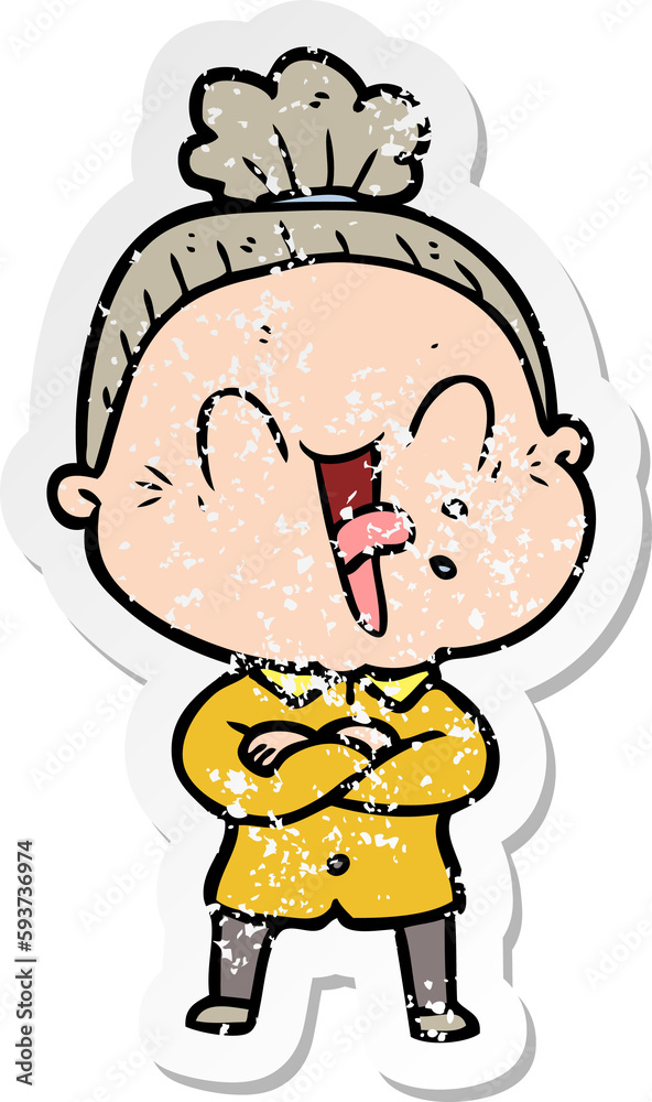 distressed sticker of a cartoon happy old woman distressed sticker of a cartoon happy old woman