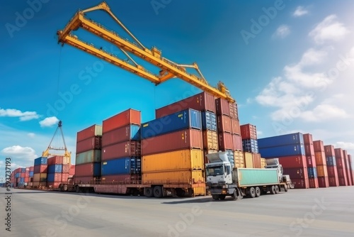 Container cargo freight ship terminal, Unloading crane of cargo ship terminal business - Generative AI