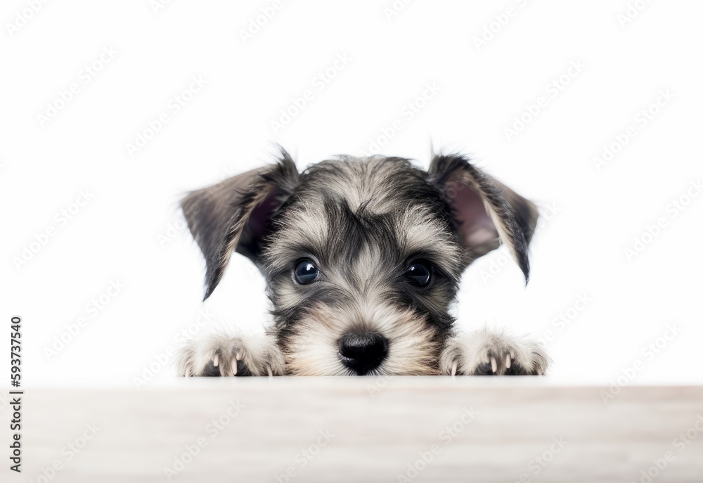 Adorable Miniature Schnauzer Puppy Peeking Out from Behind White Table with Copy Space, Isolated on White Background. Generative AI. Adorable Miniature Schnauzer Puppy Peeking Out from Behind White Table with Copy Space, Isolated on White Background. Generative AI.
