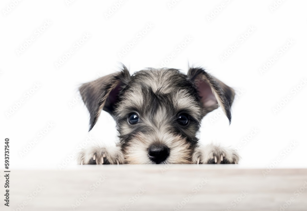 Adorable Miniature Schnauzer Puppy Peeking Out from Behind White Table with Copy Space, Isolated on White Background. Generative AI.