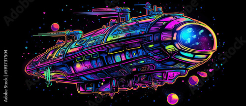 retro purple neon colored starship illustration against black background, generative ai