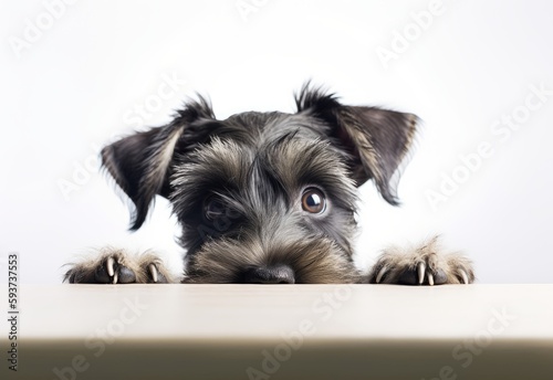 Adorable Miniature Schnauzer Puppy Peeking Out from Behind White Table with Copy Space, Isolated on White Background. Generative AI.