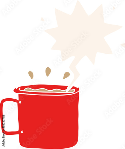 cartoon camping cup of coffee and speech bubble in retro style