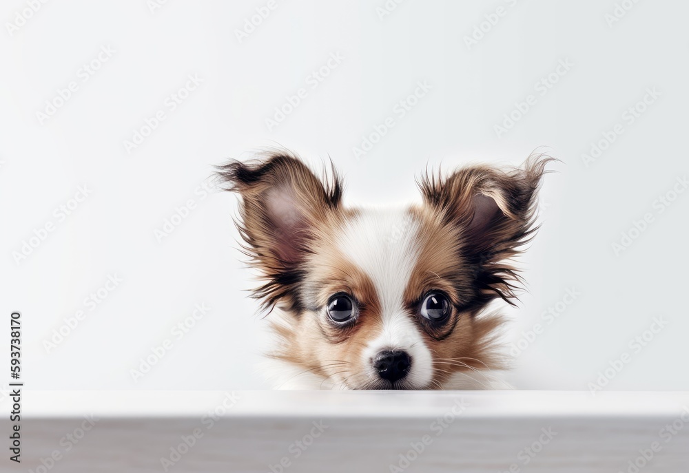 Adorable Papillon Puppy Peeking Out from Behind White Table with Copy Space, Isolated on White Background. Generative AI.