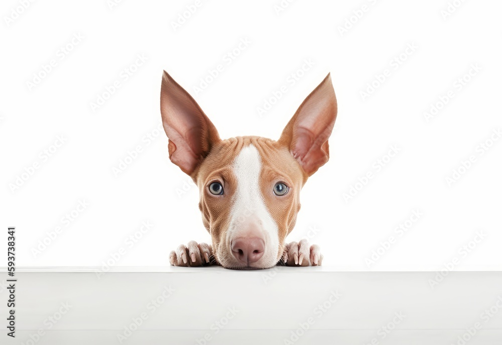 Adorable Pharaoh Hound Puppy Peeking Out from Behind White Table with Copy Space, Isolated on White Background. Generative AI.