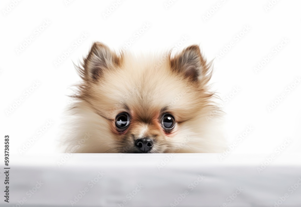 Adorable Pomeranian Puppy Peeking Out from Behind White Table with Copy Space, Isolated on White Background. Generative AI.