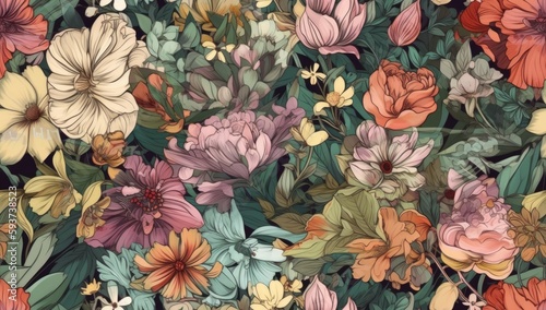Floral summer seamless pattern. Luxurious baroque garden flowers and butterfly. Peonies flowers and leaves. Luxury background for textiles, wallpaper, paper created with Generative AI technology photo