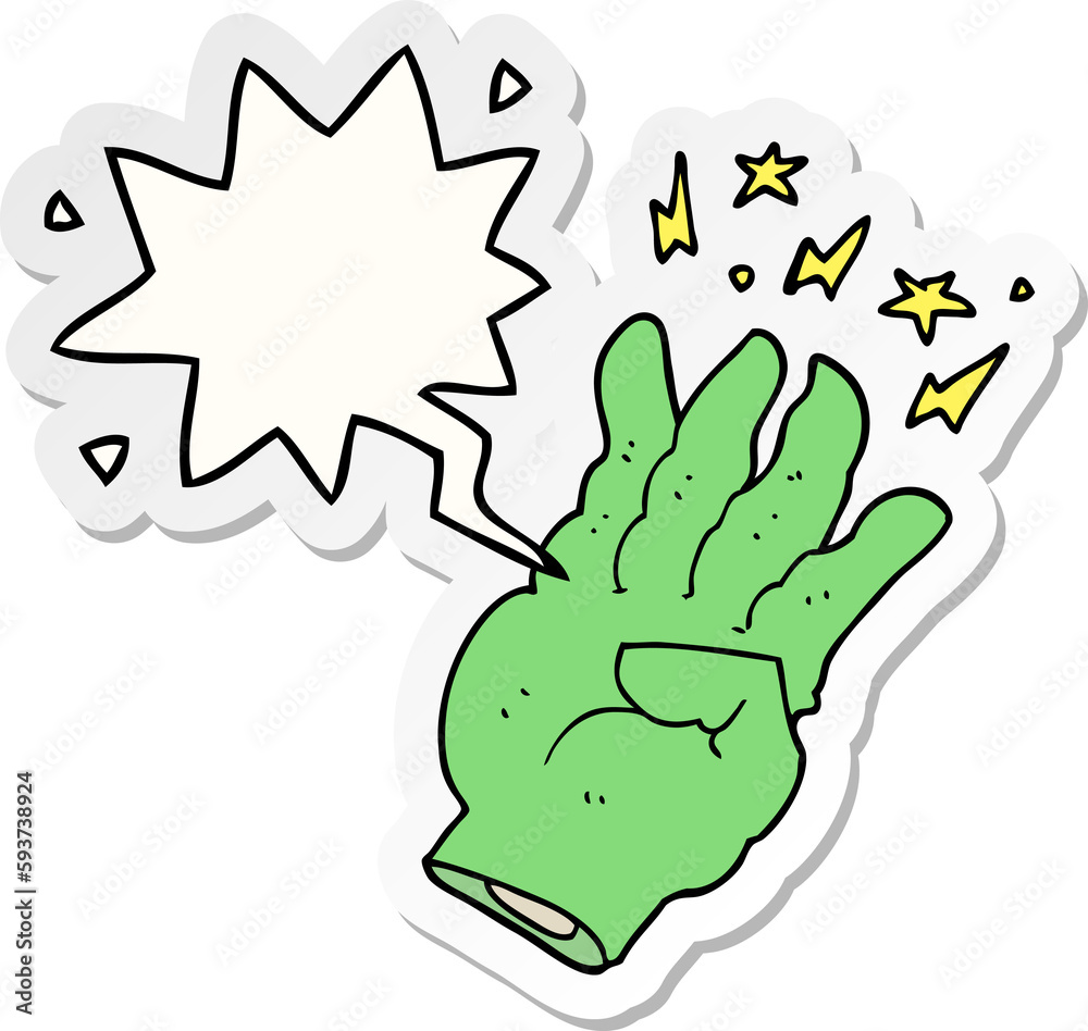 cartoon spooky magic hand and speech bubble sticker