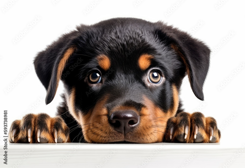 Adorable Rottweiler Puppy Peeking Out from Behind White Table with Copy Space, Isolated on White Background. Generative AI. Adorable Rottweiler Puppy Peeking Out from Behind White Table with Copy Space, Isolated on White Background. Generative AI.