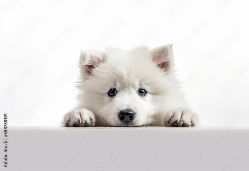Adorable Samoyed Puppy Peeking Out from Behind White Table with Copy Space, Isolated on White Background. Generative AI.