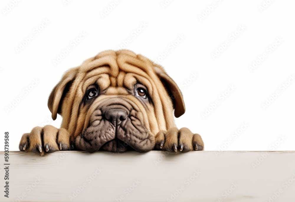 Adorable Shar Pei Puppy Peeking Out from Behind White Table with Copy Space, Isolated on White Background. Generative AI.