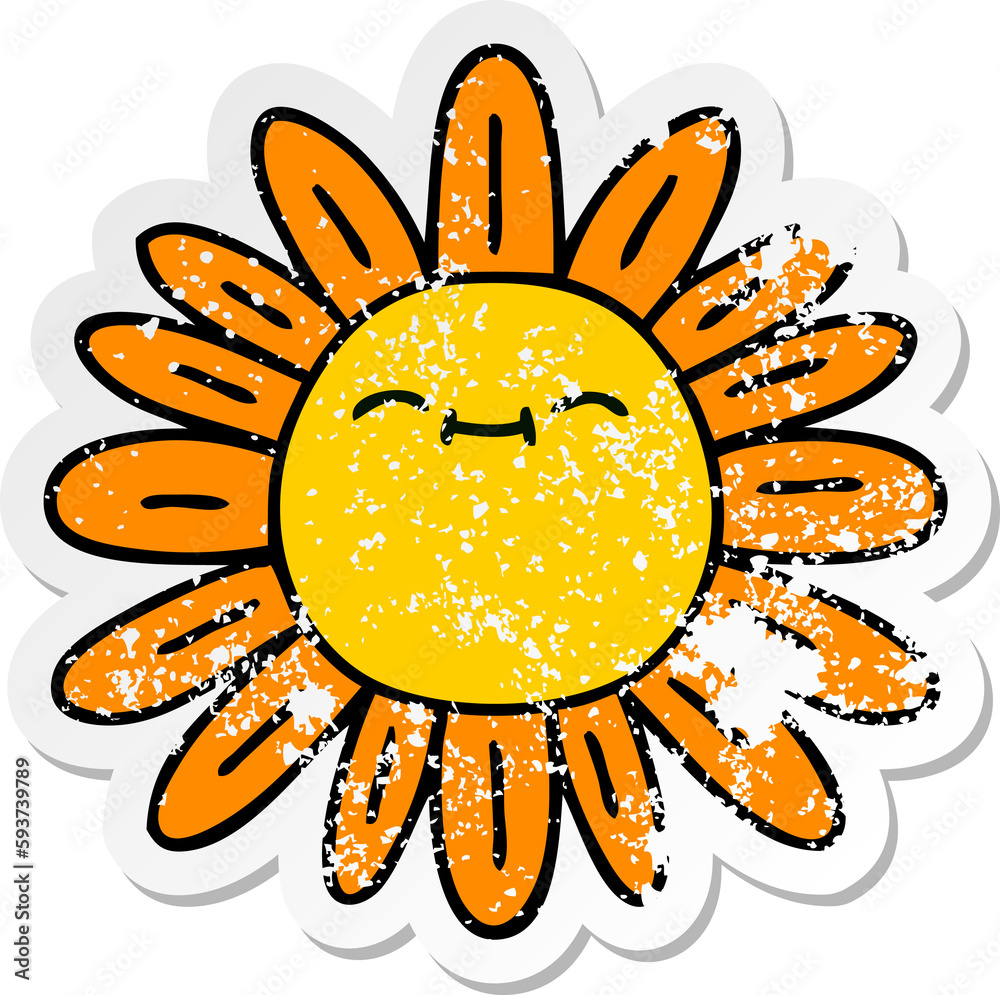 distressed sticker of a quirky hand drawn cartoon flower distressed sticker of a quirky hand drawn cartoon flower