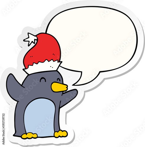 cute cartoon christmas penguin and speech bubble sticker
