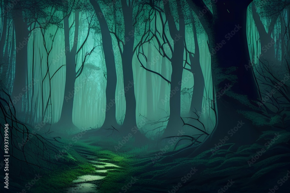 Obraz premium Forest road, ancient trees, calm evening atmosphere, colorful land - generative ai