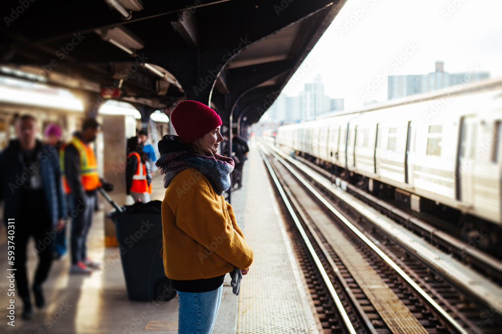 custom made wallpaper toronto digitalYoung Woman waiting for the subway train at the platform