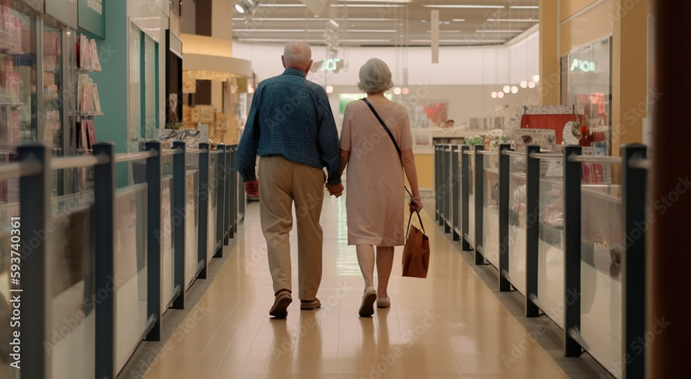 Fototapeta premium elderly couple walks through the shopping mall to shop. the concept of elderly shoppe, created with Generative AI Technology