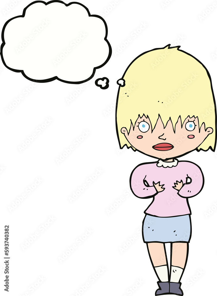 cartoon woman making Who Me? gesture with thought bubble cartoon woman making Who Me? gesture with thought bubble