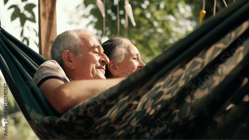 Elderly couple relaxing lying in a hammock in summer, carefree old age together, created with Generative AI Technology