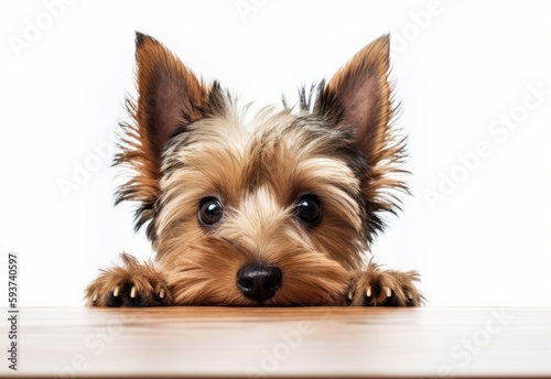 Adorable Silky Terrier Puppy Peeking Out from Behind White Table with Copy Space, Isolated on White Background. Generative AI. photo