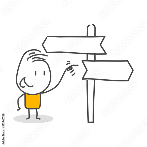 Stick figures. Arrow Steering Post. Isolated on white background. Hand drawn Doodle Line Art Cartoon Design character.