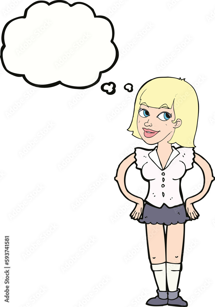 cartoon woman with hands on hips with thought bubble cartoon woman with hands on hips with thought bubble