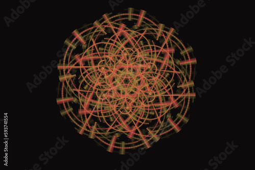 Orange round pattern of curved lines on a black background. Abstract fractal 3D rendering