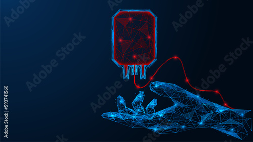 Donor's Day. A medical bag with blood over the arm. Low-poly design of interconnected lines and dots. Blue background.