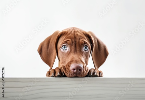 Adorable Vizsla Puppy Peeking Out from Behind White Table with Copy Space, Isolated on White Background. Generative AI.