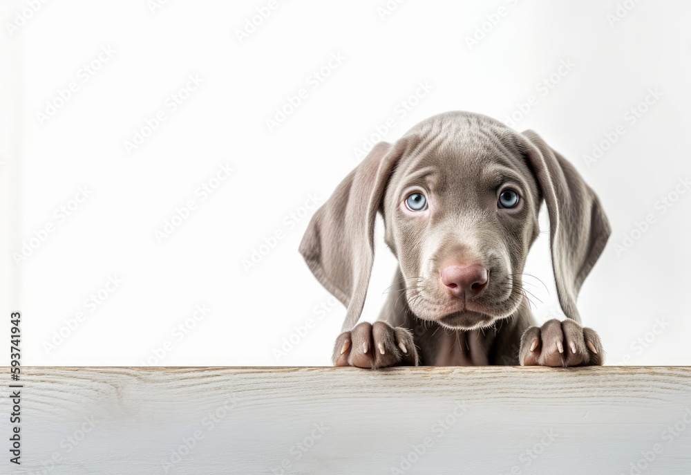 Adorable Weimaraner Puppy Peeking Out from Behind White Table with Copy Space, Isolated on White Background. Generative AI.