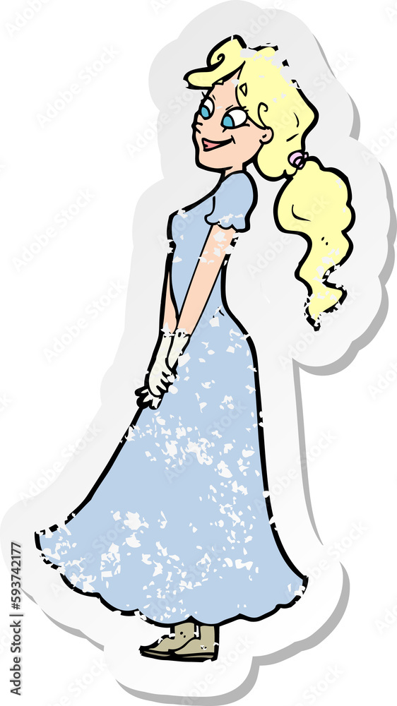 retro distressed sticker of a cartoon pretty woman in dress retro distressed sticker of a cartoon pretty woman in dress
